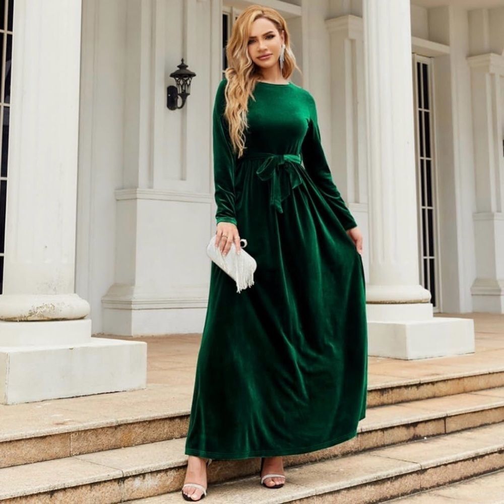 Women's Elegant Velvet Belted Pleated Long Sleeve Cocktail Party Dress Large